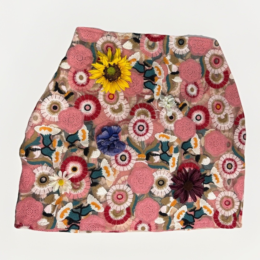 OOAK Handmade 3D Floral Embroidered Tulle Mini Skirt Pink Boho Flower Mesh Est L